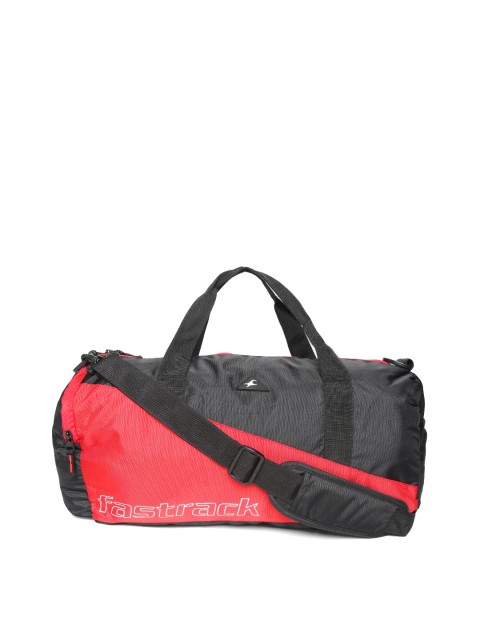 

Fastrack Unisex Black & Red Colourblocked Duffel Bag with Printed Detail