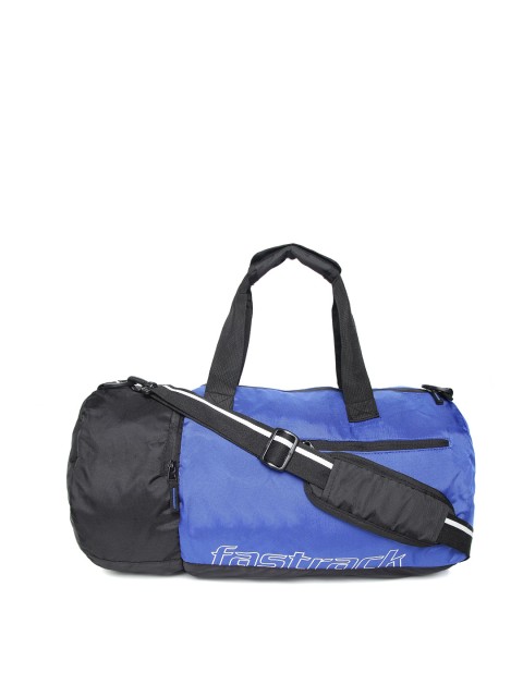 

Fastrack Unisex Blue & Black Colourblocked Duffel Bag with Printed Detail