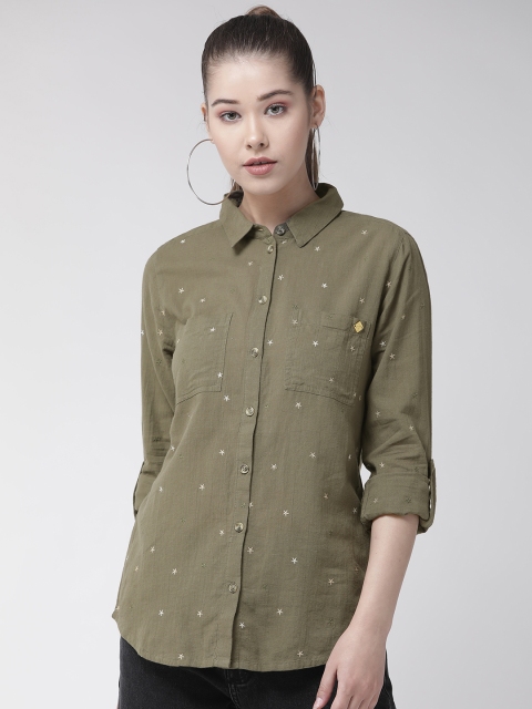 

Superdry Women Olive Green & Golden Regular Fit Embroidered Casual Shirt