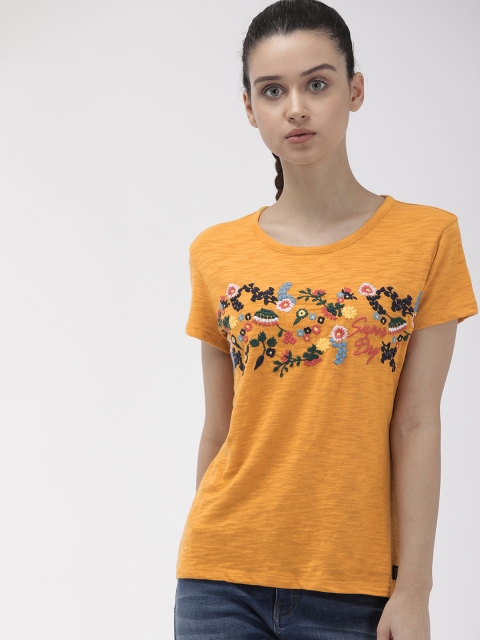 

Superdry Women Mustard Yellow Embroidered Top