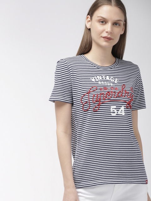 

Superdry Women Navy Blue Striped Round Neck T-shirt