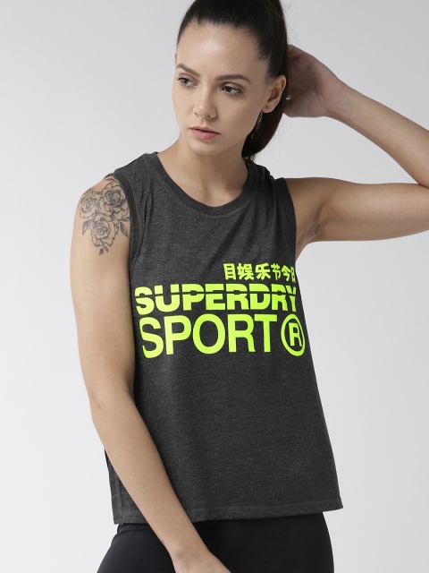 

Superdry Women Charcoal Grey & Green Typographic Boxy Top