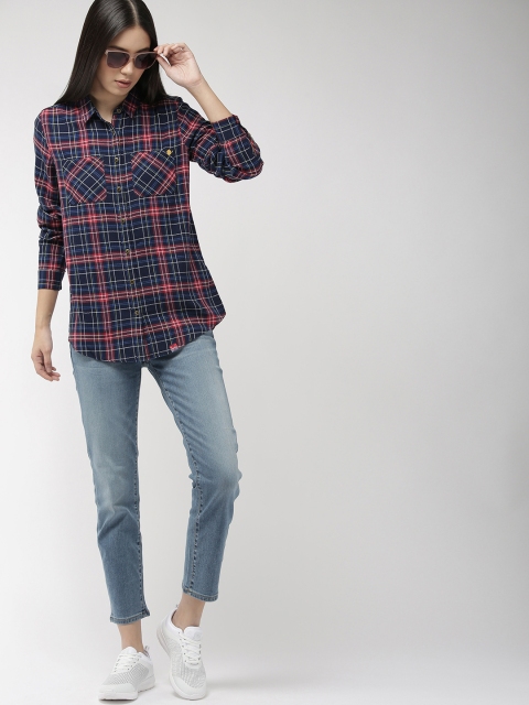 

Superdry Women Navy Blue & Maroon Regular Fit Lightweight Checked Casual Shirt