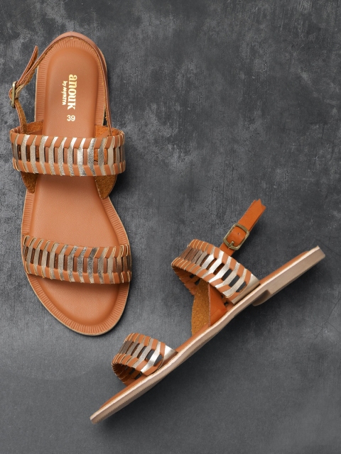 

Anouk Women Tan & Gold-Toned Open Toe Flats