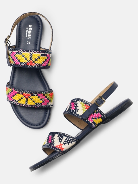 

Anouk Women Navy Blue & Yellow Woven Design Open Toe Flats