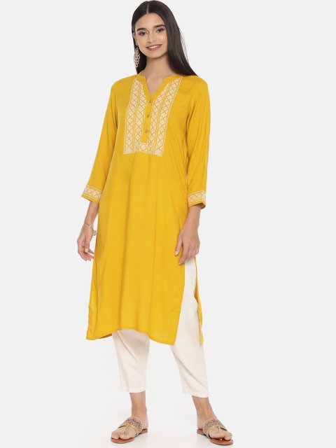 

Global Desi Women Mustard Yellow Yoke Design Straight Kurta