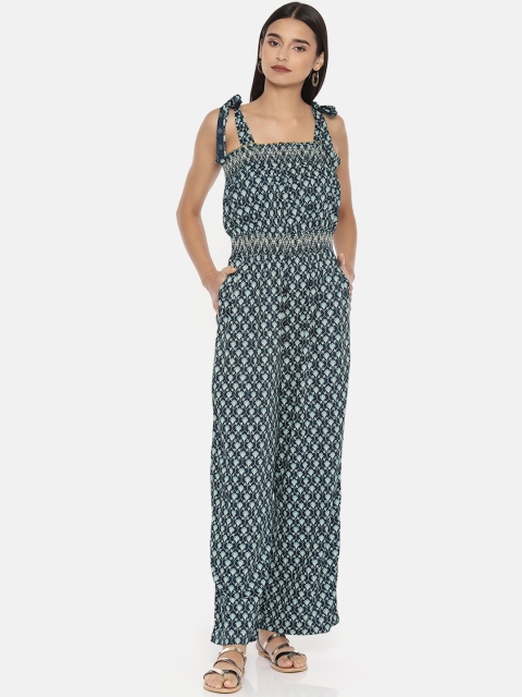 

Global Desi Women Navy Blue & Green Printed Basic Jumpsuit