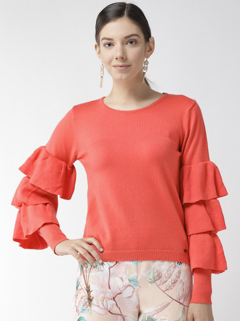 

Madame Women Peach-Coloured Solid Ruffle Detail Sweater