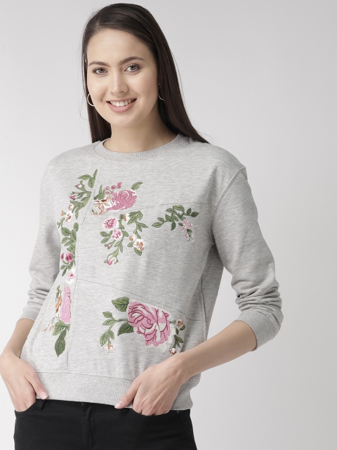 

Madame Women Grey Melange & Pink Embroidered Sweatshirt