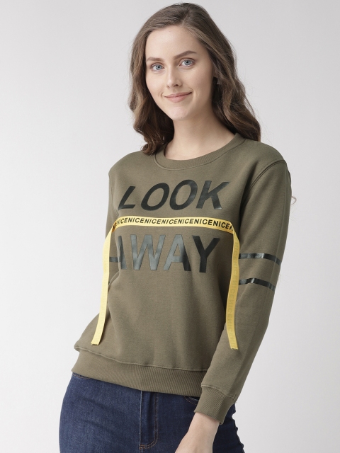 

Madame Women Olive Green & Black Printed Sweatshirt