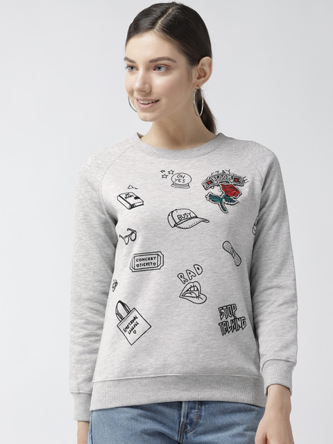 

Madame Women Grey Melange & Black Printed Sweatshirt