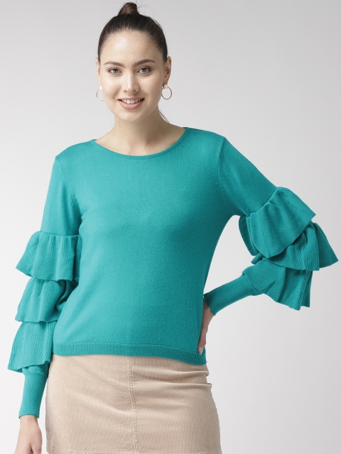 

Madame Women Turquoise Blue Ruffle Detail Solid Sweater