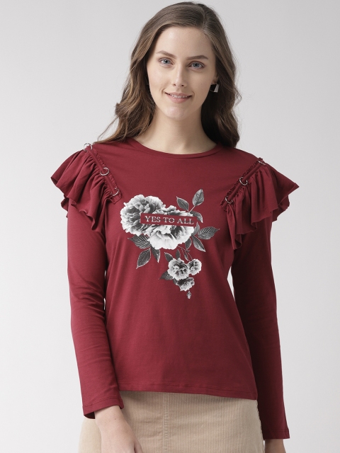 

Madame Women Maroon Ruffle Detail Printed Pure Cotton Top