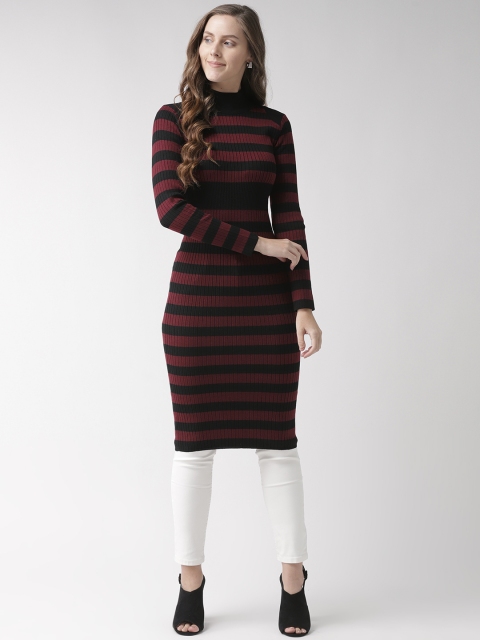 

Madame Women Maroon & Black Striped Longline Sweater