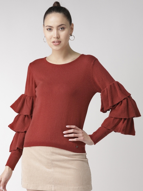 

Madame Women Rust Red Ruffle Detail Solid Sweater