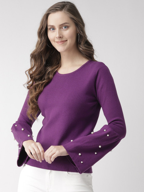 

Madame Women Purple Solid Pullover with Beaded Detail