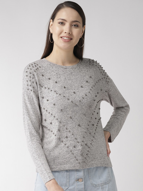 

Madame Women Grey Melange Embellished Top