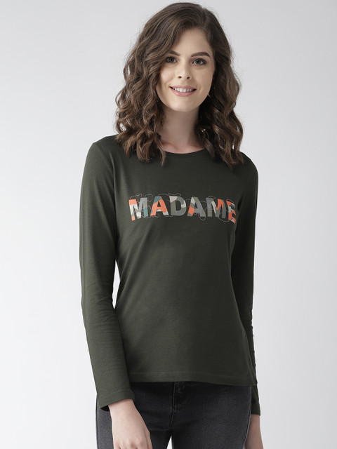 

Madame Women Olive Green Printed Round Neck T-shirt