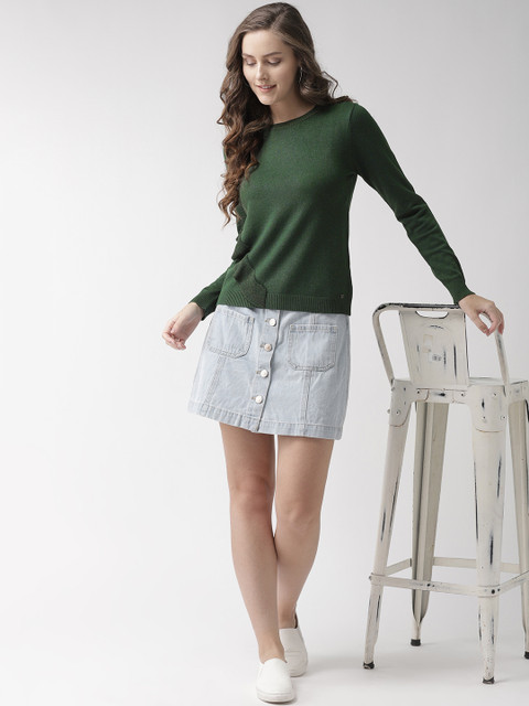 

Madame Women Green Solid Pullover with Ruffled Detail
