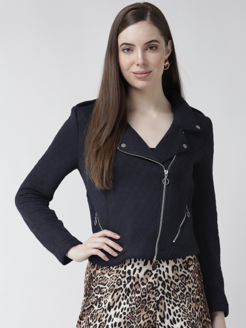 

Madame Women Navy Blue Solid Asymmetric Closure Quilted Jacket