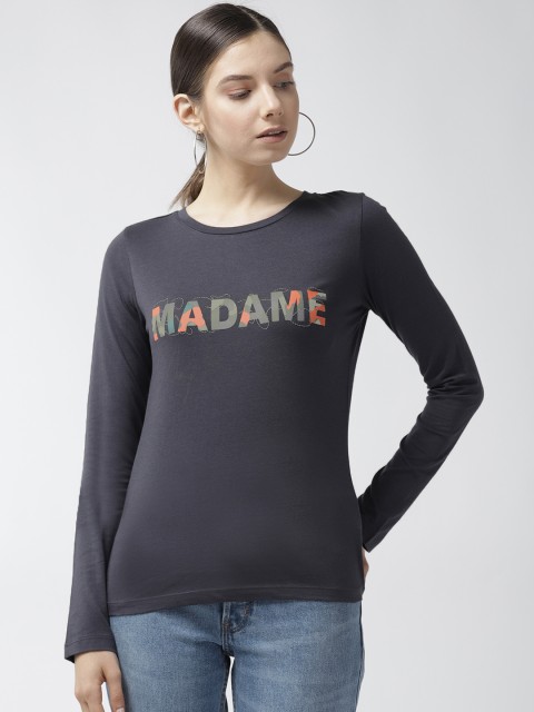

Madame Women Charcoal Grey Solid Round Neck T-shirt