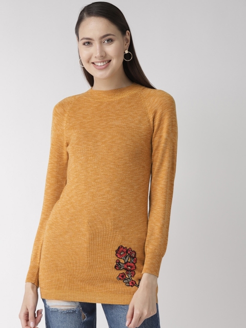 

Madame Women Mustard Yellow Solid Longline Sweater with Applique Detail