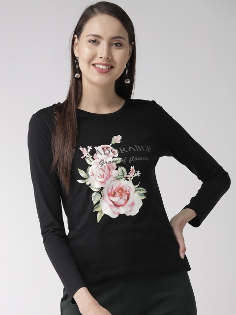 

Madame Women Black Printed Round Neck T-shirt