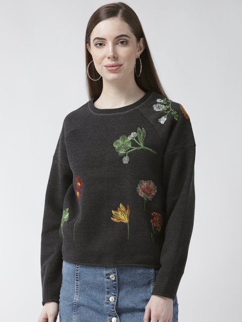 

Madame Women Charcoal Grey & Green Embroidered Sweatshirt