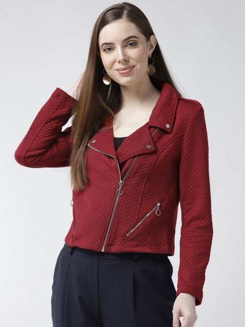 

Madame Women Maroon Solid Asymmetric Closure Quilted Jacket