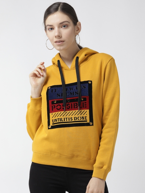 

Madame Women Mustard Yellow & Black Printed Hooded Sweatshirt