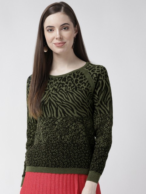 

Madame Women Olive Green & Black Self Design Sweater