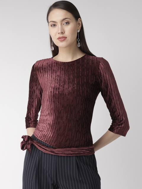 

Madame Women Burgundy Self Design Velvet Finish Fitted Top