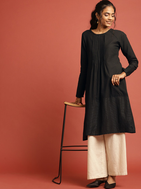 

Taavi Women Black Woven Legacy A-Line Sustainable Kurta with Pleats & Pockets