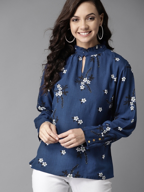 

HERE&NOW Women Navy Blue & White Floral Printed Top