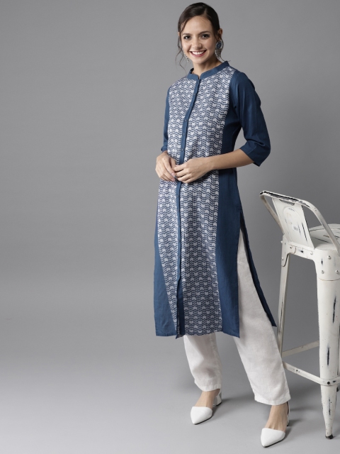 

HERE&NOW Women Blue & Off-White Woven Design Straight Kurta