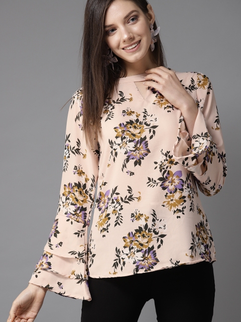 

HERE&NOW Women Peach-Coloured & Black Floral Print Top