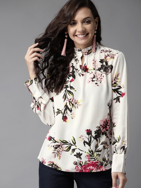 

HERE&NOW Women Off-White & Pink Floral Printed Top