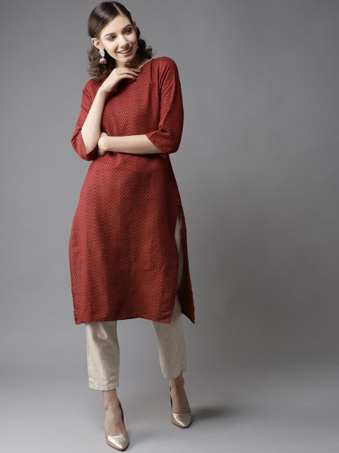 

HERE&NOW Women Maroon & Mustard Brown Chevron Patterned Straight Kurta