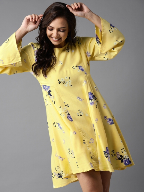 

HERE&NOW Women Yellow & Purple Floral Printed A-Line Dress