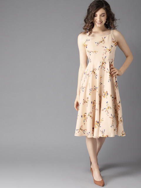 

HERE&NOW Women Peach-Coloured Floral Print Fit & Flare Dress