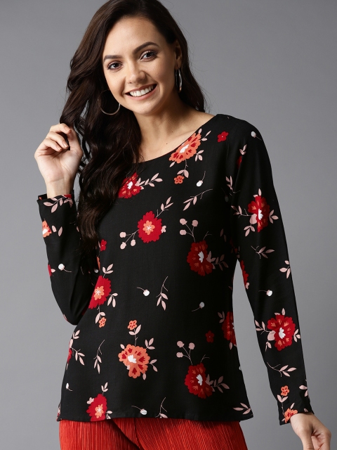 

HERE&NOW Women Black & Red Floral Print Top