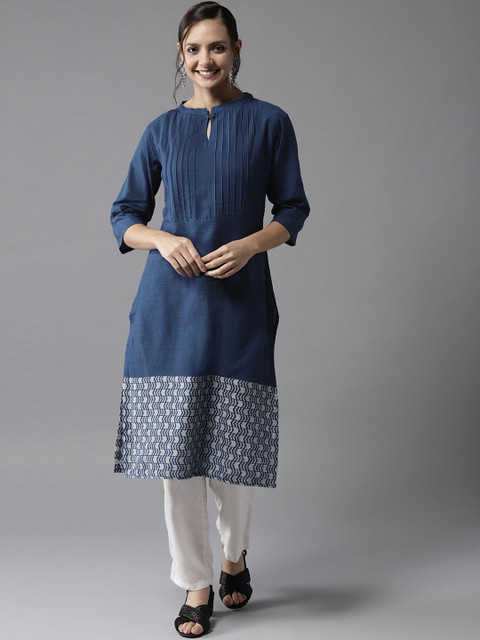

HERE&NOW Women Navy Blue Solid Straight Kurta