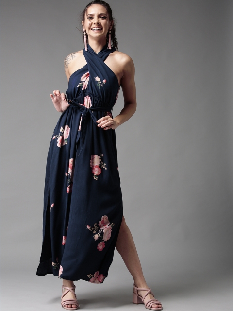 

HERE&NOW Women Navy Blue & Pink Printed Maxi Dress