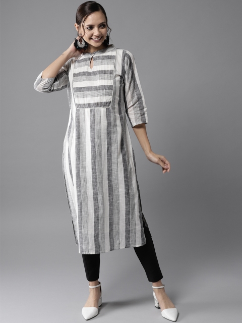 

HERE&NOW Women White & Grey Striped Straight Kurta