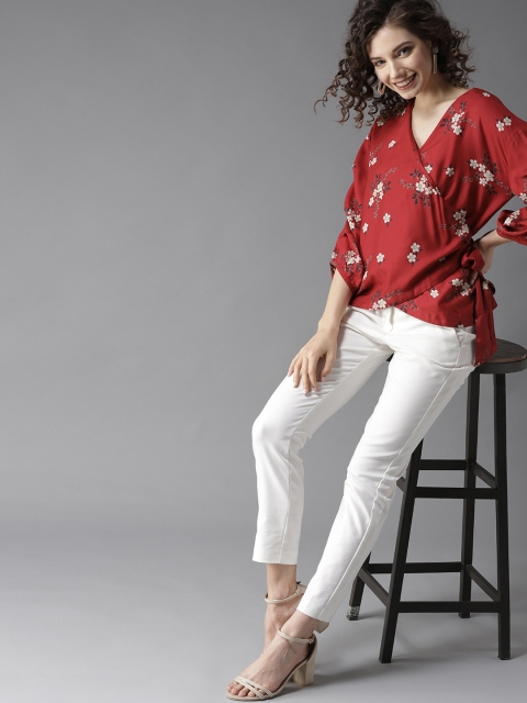 

HERE&NOW Women Maroon & Off-White Floral Printed Wrap Top