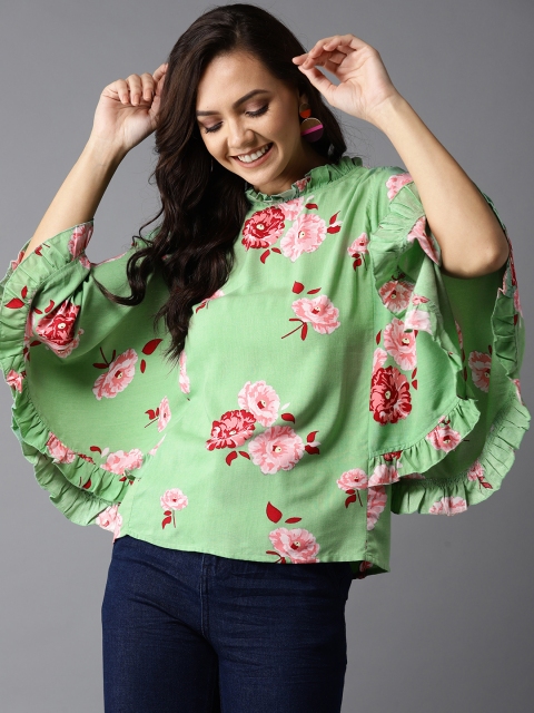 

HERE&NOW Women Green & Pink Floral Print Kaftan Top