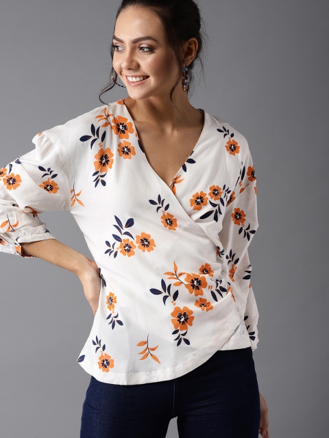 

HERE&NOW Women White & Orange Printed Wrap Top