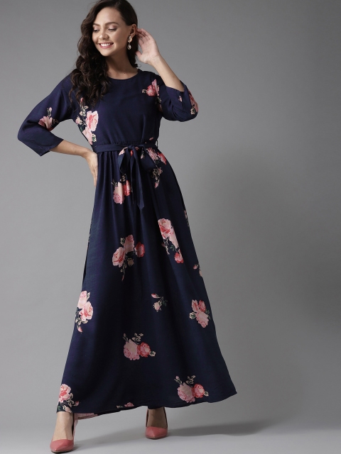 

HERE&NOW Women Navy Blue & Pink Floral Printed Maxi Dress