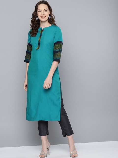 

HERE&NOW Women Teal Green Solid Straight Kurta