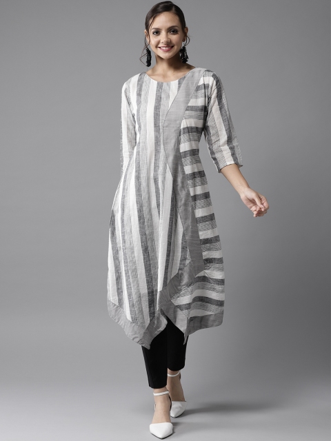 

HERE&NOW Women White & Grey Asymmetric Hemline Striped A-Line Kurta